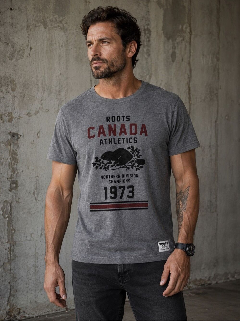 Roots Canada Athletics 1973 Graphic T Shirt Mens M Heather Gray Cotton